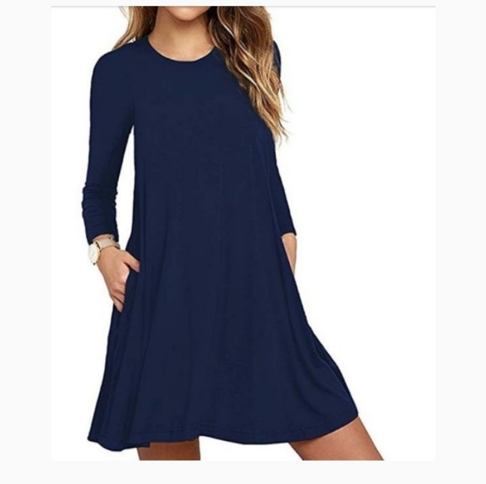 Long Sleeve Scoop Neck Dress with Pockets - Picture 1 of 2